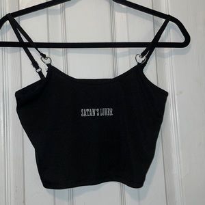 “SATANS LOVER” print cropped tank top with heart charms & adjustable strap